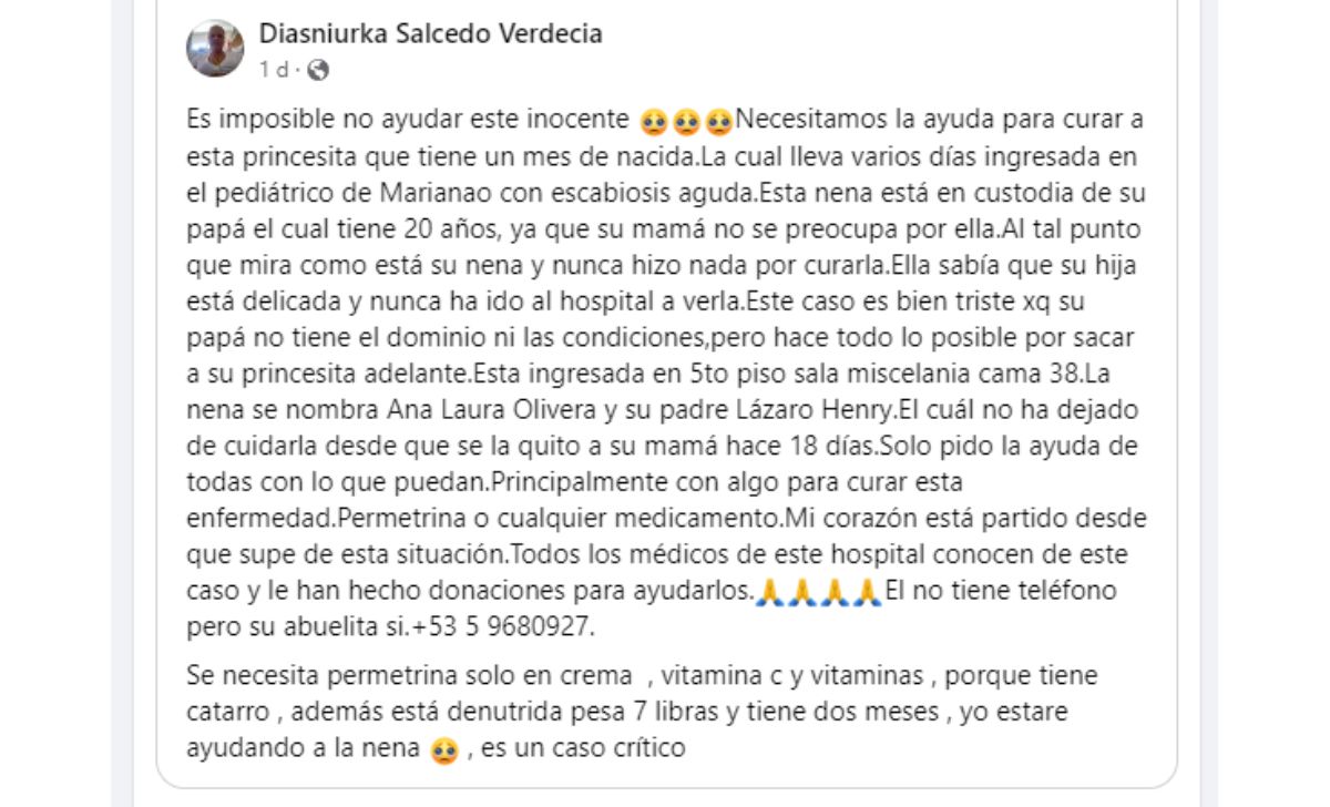 Bebé recién nacida enferma de sarna en Cuba