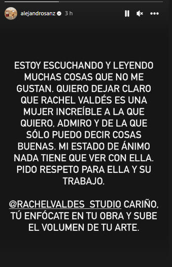 Mensaje de Alejandro Sanz a Rachel Valdés
