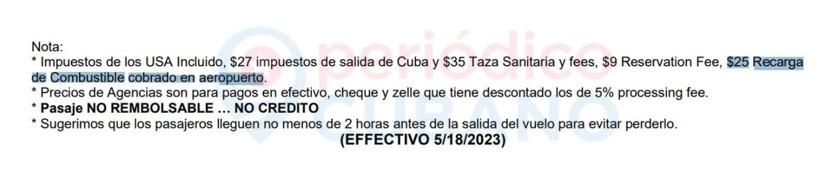 Nueva Tarifa por combustible en vuelos a Cuba