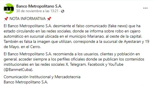 Nota oficial del Banco Metropolitano sobre el robo de cajeros automáticos en Marianao