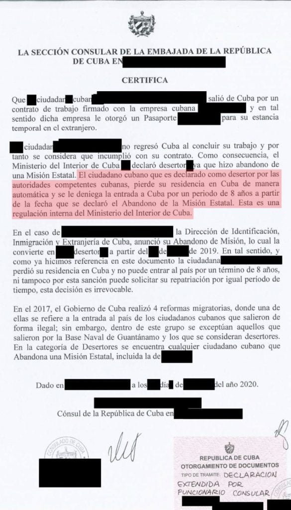 Documento Consulado Cubano para desertores de misiones internacionales