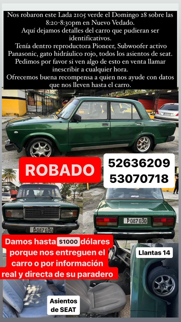 Ofrecen recompensa de 300.000 CUP por información de auto Lada robado