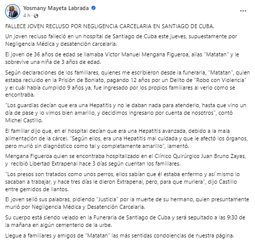 Joven muere a causa de negligencia en una prisión de Santiago de Cuba7
