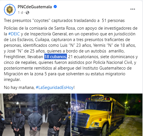 Policía de Guatemala detiene a 18 migrantes cubanos y sus coyotes