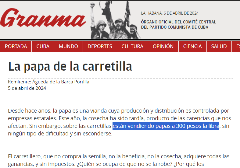 Prensa oficialista denuncia venta de papa a 300 CUP la libra