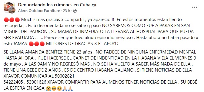 Encuentran desorientada a joven madre reportada como desaparecida en La Habana Vieja