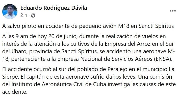 Accidente aéreo en Sancti Spíritus informan de único sobreviviente