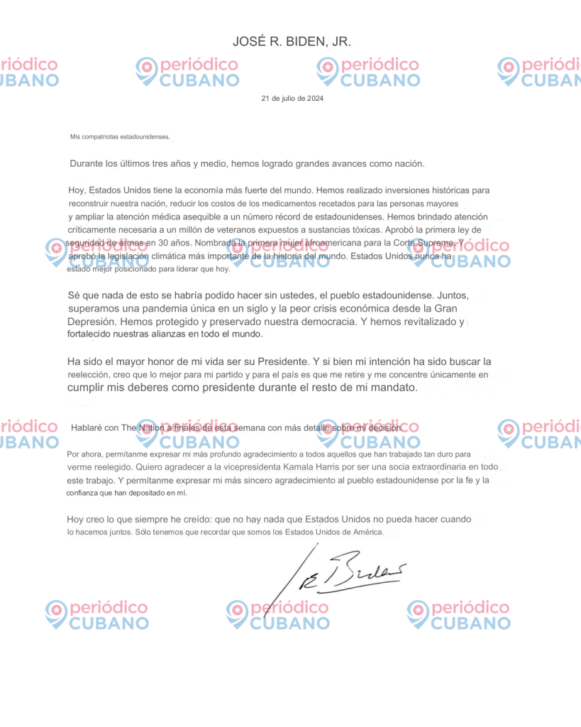Carta de renuncia de Joe Biden
