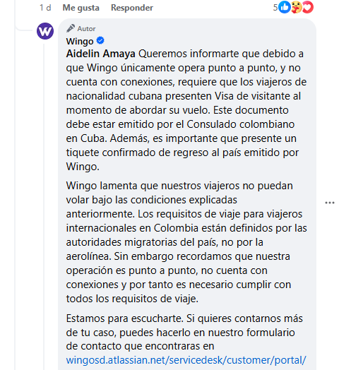Wingo responde a la obligatoriedad de pedir visa a cubanos que viajan a Colombia