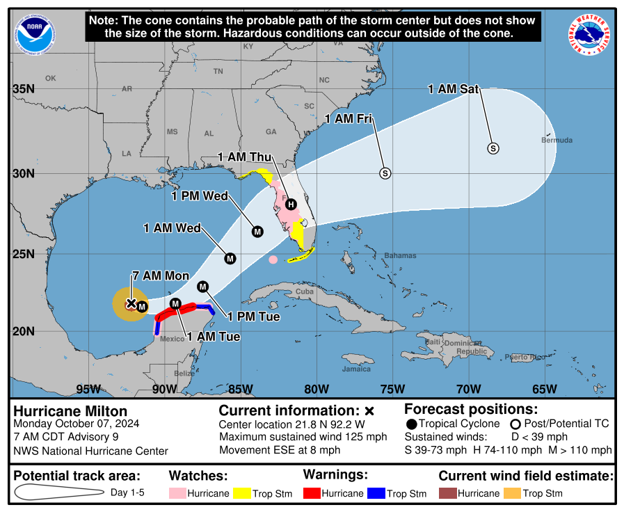 Huracán Milton alcanza la categoría 4 con ruta a la costa oeste de Florida