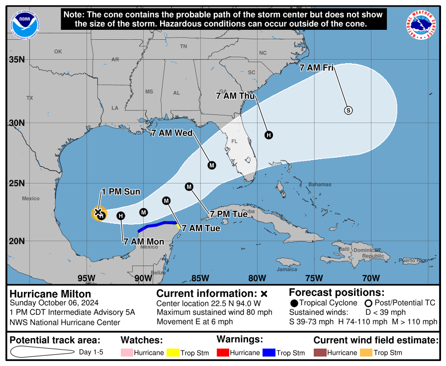 Milton se convierte en huracán categoría 1 mientras avanza hacia Florida