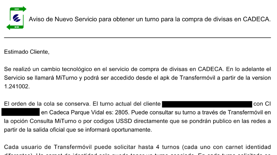 cadeca turno transfermóvil