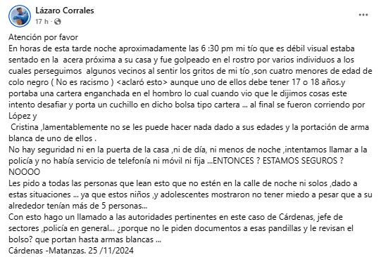 Adolescentes armados atacan a un débil visual en Cárdenas