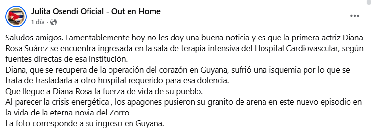 Diana Rosa Suárez de nuevo hospitalizada tras una isquemia