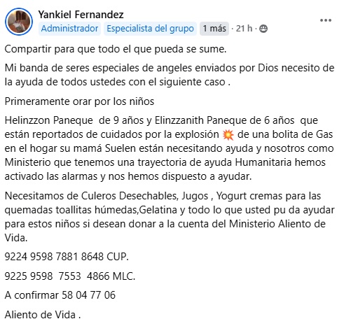 Solicitan donaciones para dos niños cubanos en estado crítico por explosión de un cilindro de gas