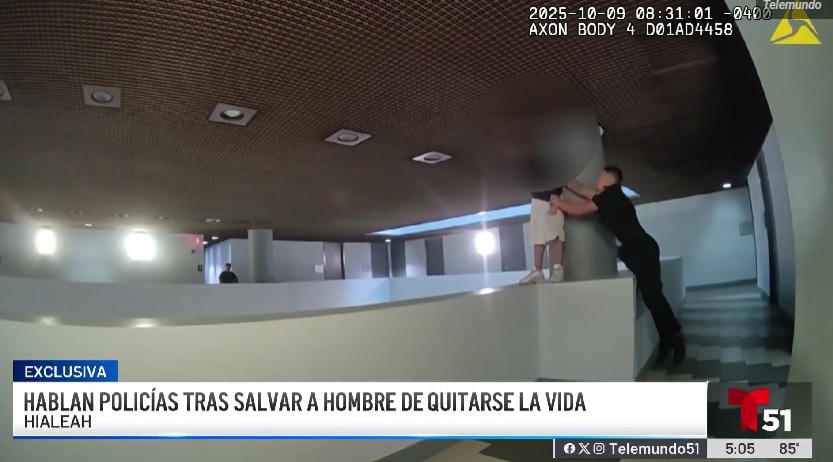 Policía de Hialeah interviene y salva a joven en crisis desde el cuarto piso de un banco