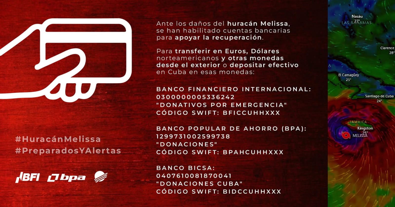 Abren cuentas en bancos estatales para recibir donaciones para damnificados del huracán Melissa