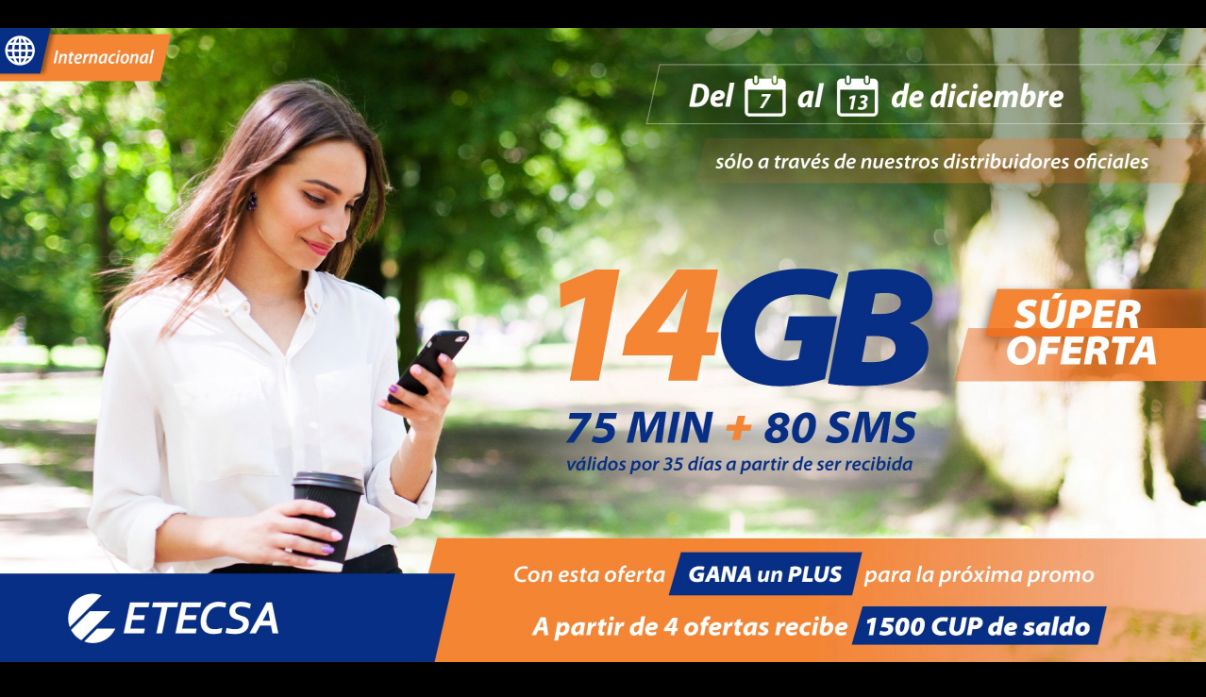Etecsa incentiva las recargas múltiples con cuatro de 14 GB+75 MIN+80 SMS te regala 1.500 CUP de saldo