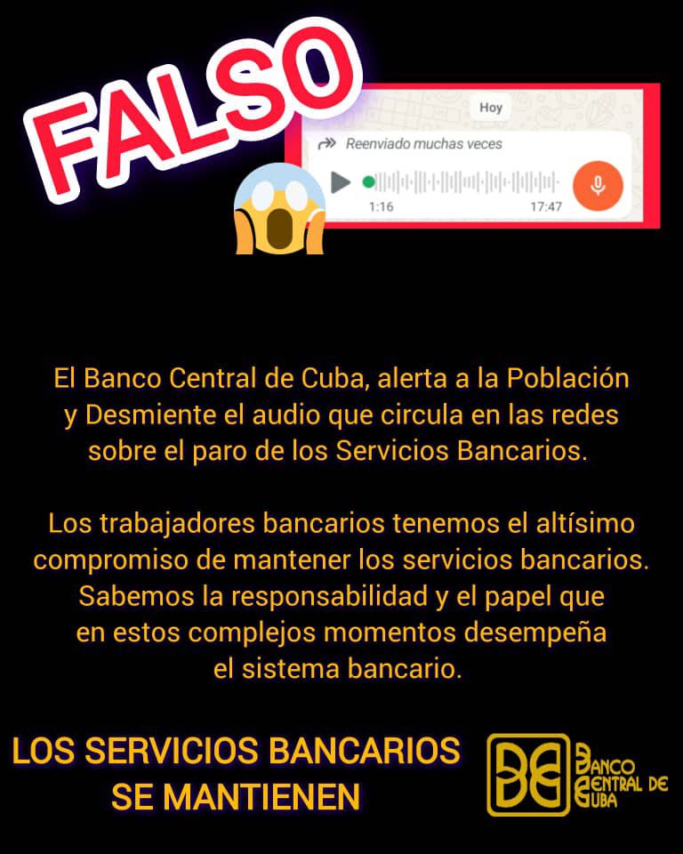 Banco Central de Cuba informa sobre suspensión de servicios bancarios