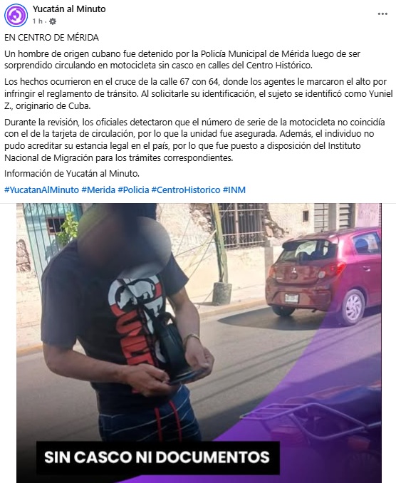 Migrante cubano detenido por manejar una motocicleta sin casco en Mérida 1