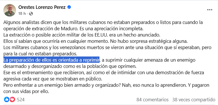 Su entrenamiento era para reprimir, no para pelear Orestes Lorenzo sobre los militares cubanos muertos en Venezuela