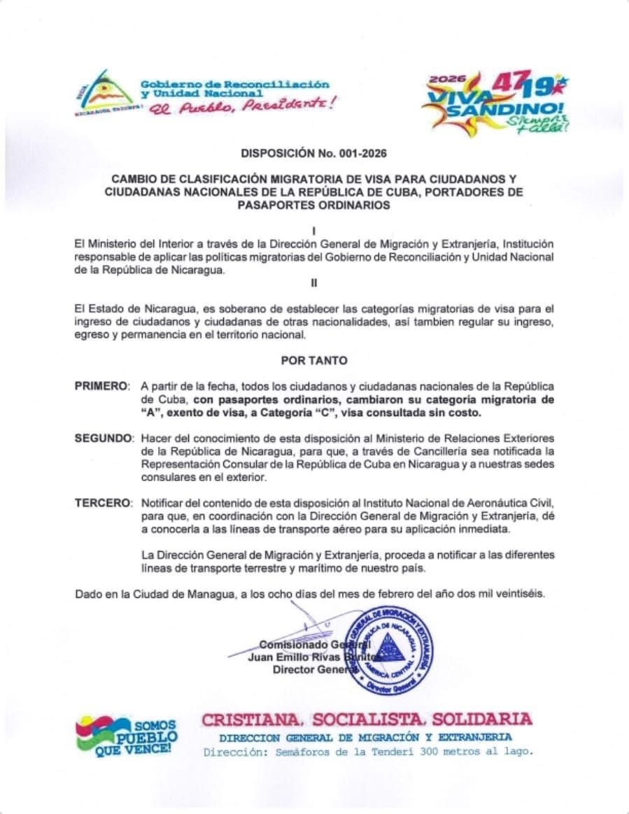 Gobierno de Nicaragua confirma la cancelación del visado libre para cubanos