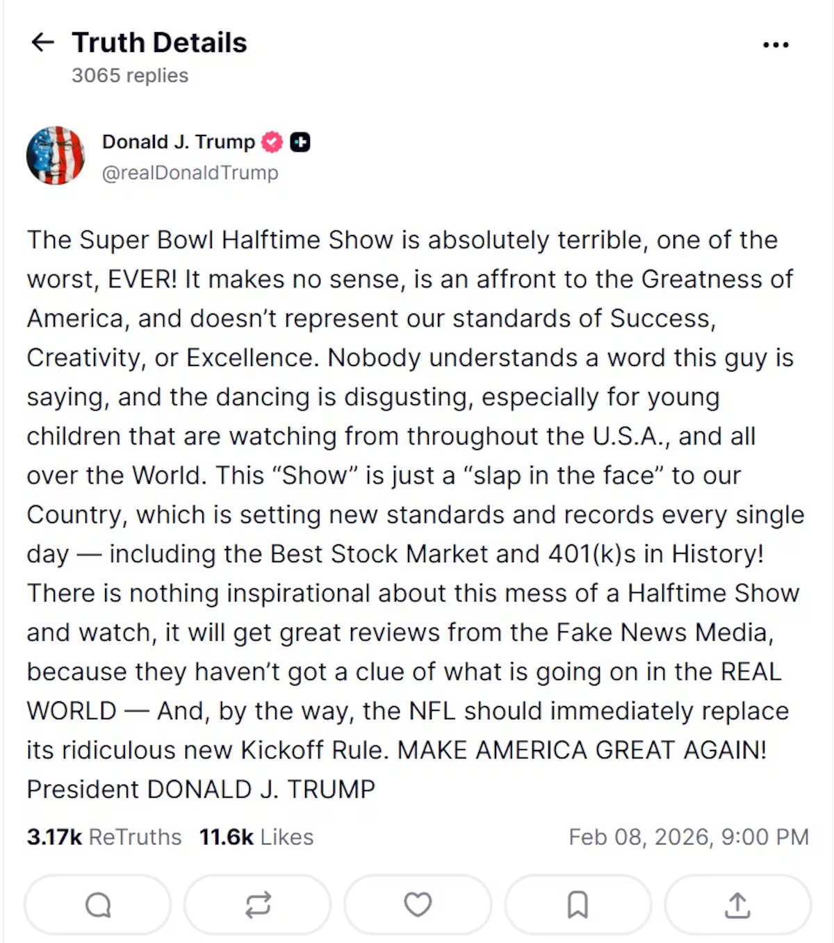 Trump arremete contra Bad Bunny tras Super Bowl: “uno de los peores espectáculos de la historia”