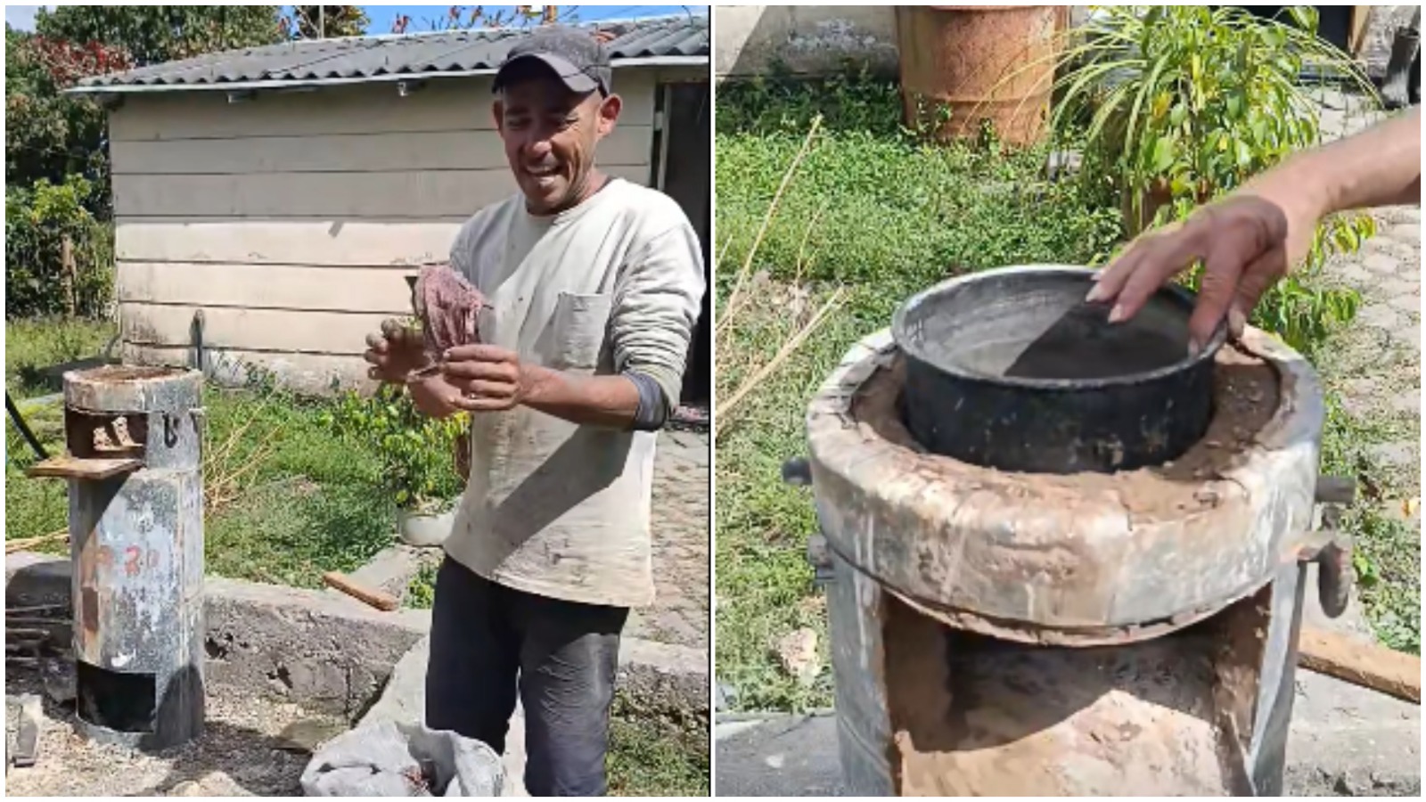 Cubano crea un fogón con hojas secas de Almendrón ante apagones y alto costo del carbón