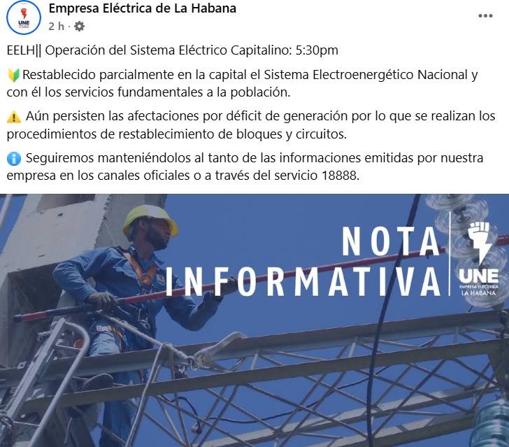 Empresa eléctrica de La Habana informa cómo va el restablecimiento del servicio en la capital 1