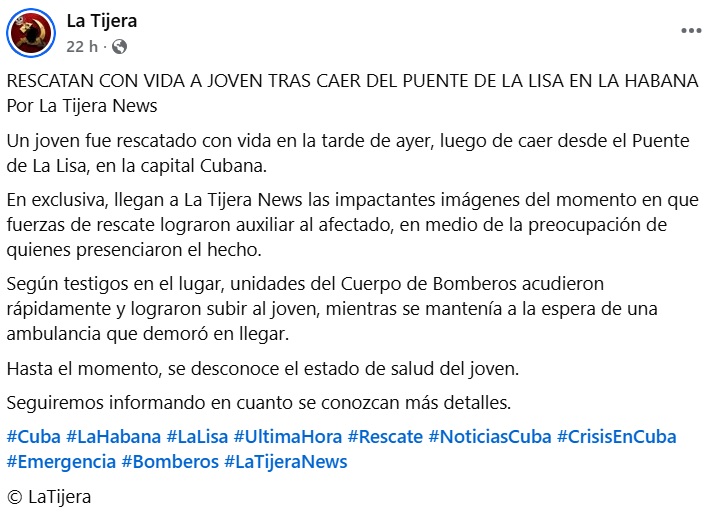 Joven rescatado tras caer desde un puente en La Lisa existen dos versiones del incidente