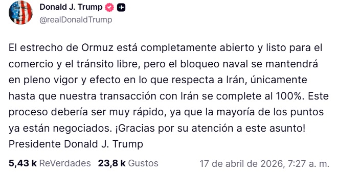 El presidente indicó que el estrecho ha quedado abierto. (Captura de pantalla © Donald Trump-Truth Social)