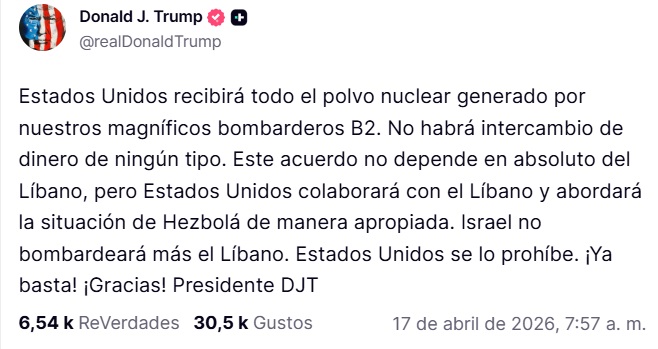 Trump aseguró que Israel no bombardeará al Líbano, marcando un cambio drástico. (Captura de pantalla © Donald Trump-Truth Social)