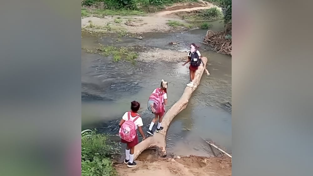Peligroso Niñas usan un tronco para cruzar el río Mayarí rumbo a la escuela