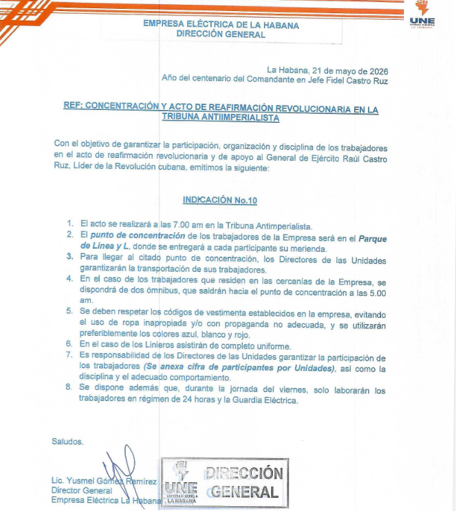 Filtran orden para movilizar trabajadores de la Empresa Eléctrica al acto de apoyo a Raúl Castro