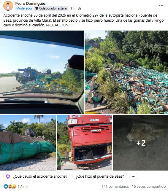 Las imágenes señalan que el cargamento del camión terminó en el pavimento. (Captura de pantalla © Pedro Dominguez-Facebook)