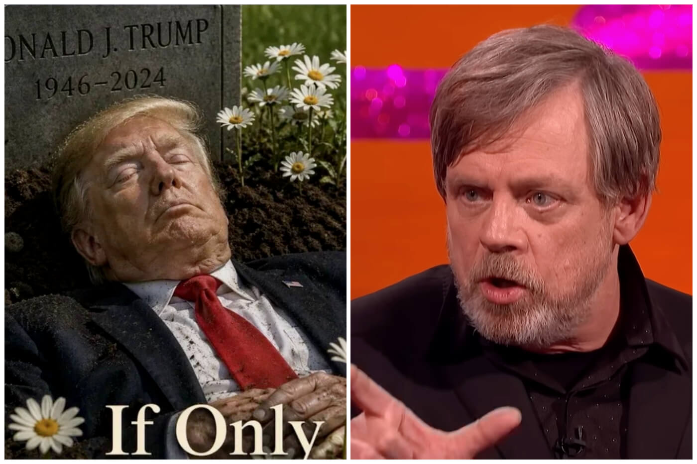 El actor representó al presidente de EEUU muerto con la leyenda “si tan solo…”. (Captura de pantlla © Mark Hamill- X/ The Graham Norton Show- YouTube)