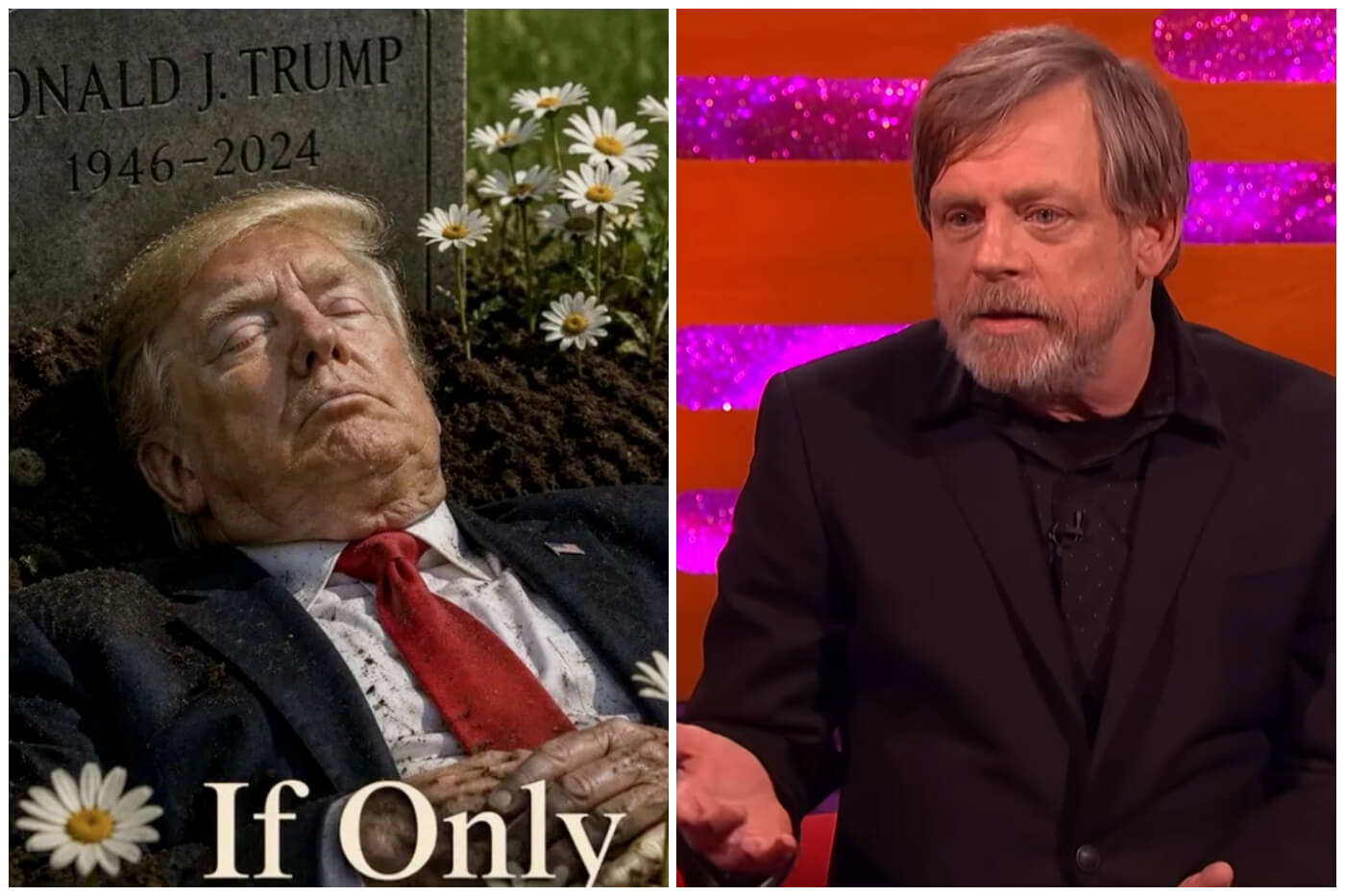 El actor de Star Wars se disculpó con irnonía sobre su publicación. (Captura de pantalla © Mark Hamill- X/ The Graham Norton Show- YouTube)