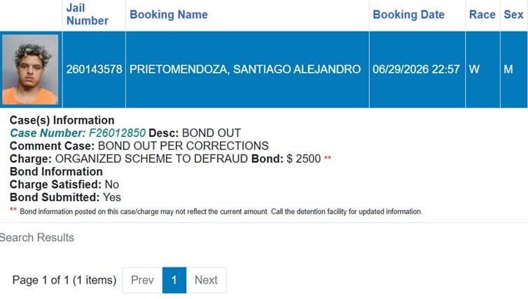 Ficha de arresto de Santiago Alejandro Prieto Mendoza en Miami-Dade