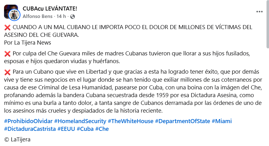 Empresario cubano en Miami desata polémica tras aparecer con gorra del Che Guevara en Cuba