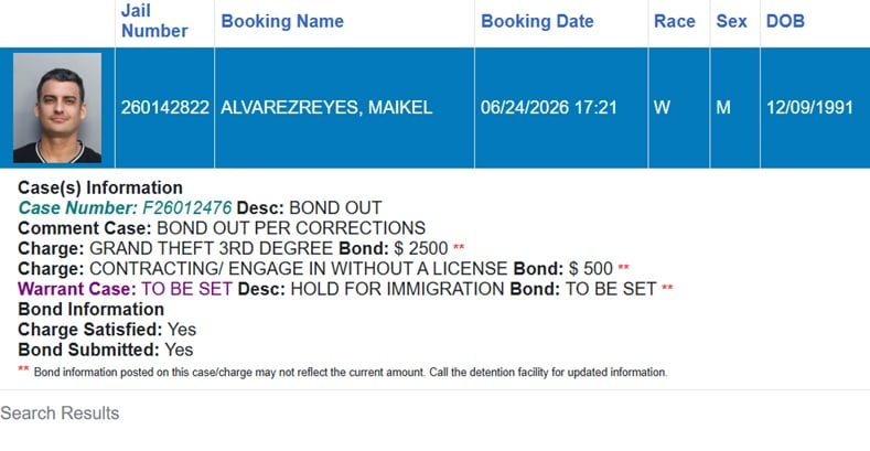 Ficha de arresto de Maikel Álvarez Reyes en Miami-Dade