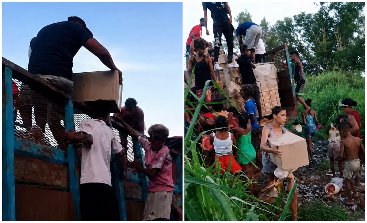 Cubanos bajando cajas de huevos en mal estado.