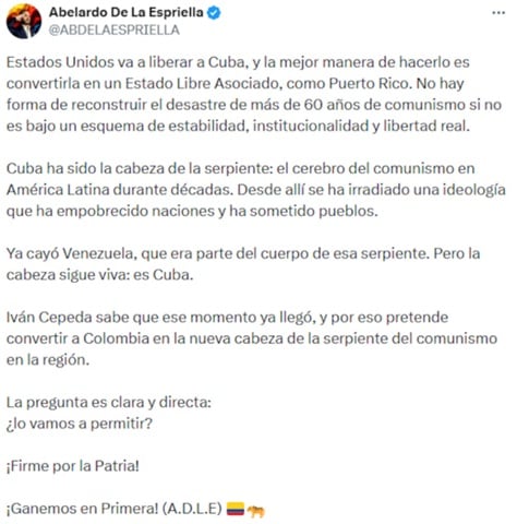 Mensaje de X del candidato presidencial de Colombia Abelardo de la Espriella