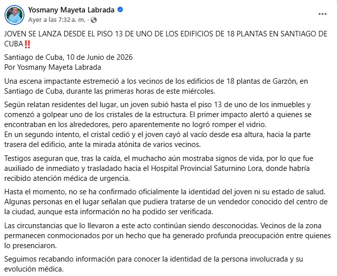 Joven resulta herido desde una caída del piso 13 de un edificio en Santiago de Cuba
