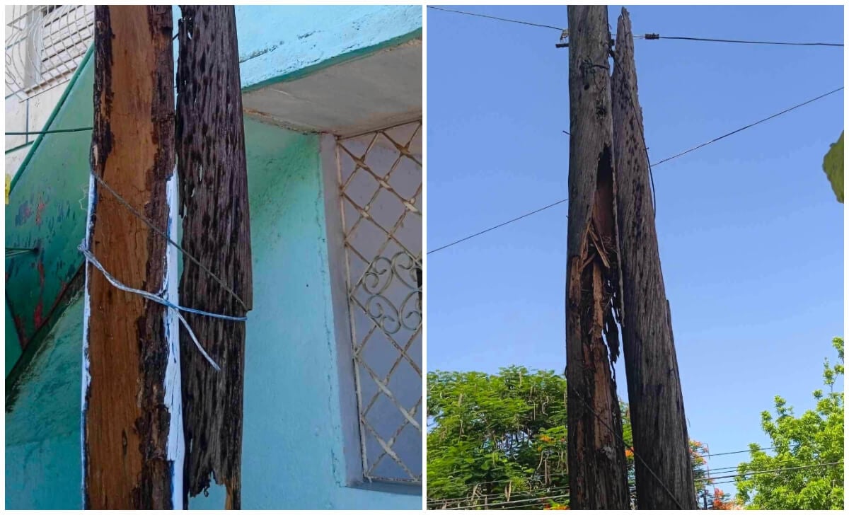 El poste se sostiene de puro milagro.
