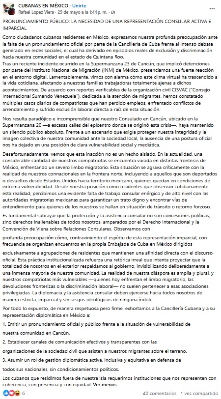 Pronunciamiento de los cubanos en Cancún. (Captura de pantalla © Facebook)