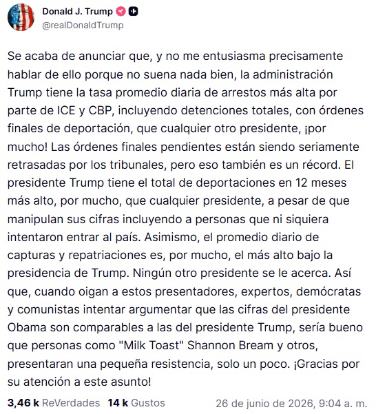 Publicación en la que Trump presume las cifras de los migrantes detenidos.