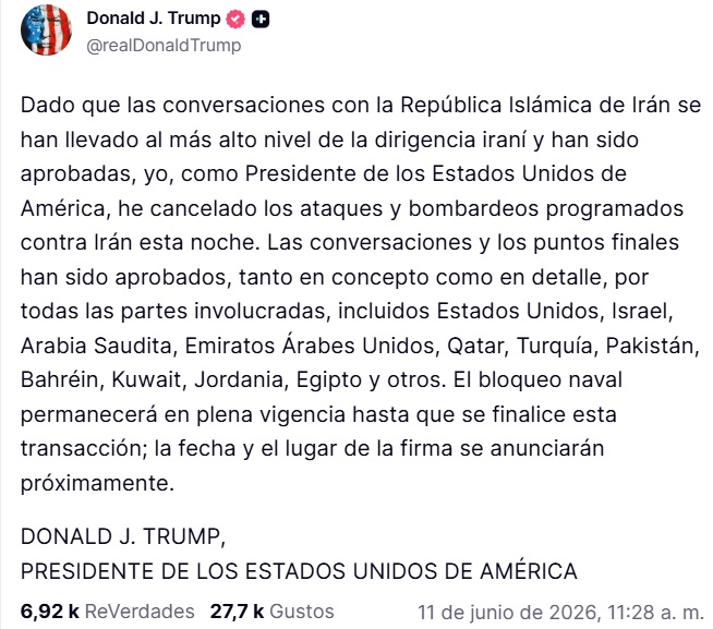 El mandatario emitió un comunicado a través de su propia red sosial. (Captura de pantalla © Donald J. Trump-Truth)