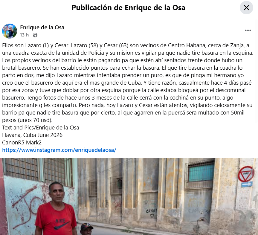 Dos vecinos toman el control de una esquina en Centro Habana ante la crisis de la basura