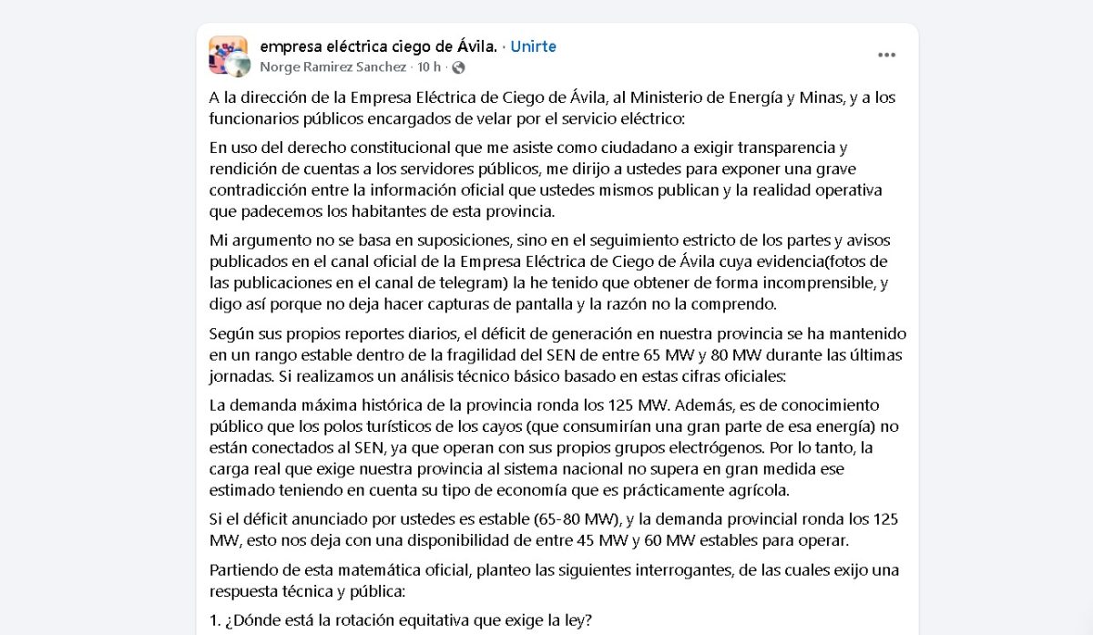 Cubano cuestiona los apagones de hasta 24 horas en Ciego de Ávila: “¿Dónde está la rotación equitativa?”