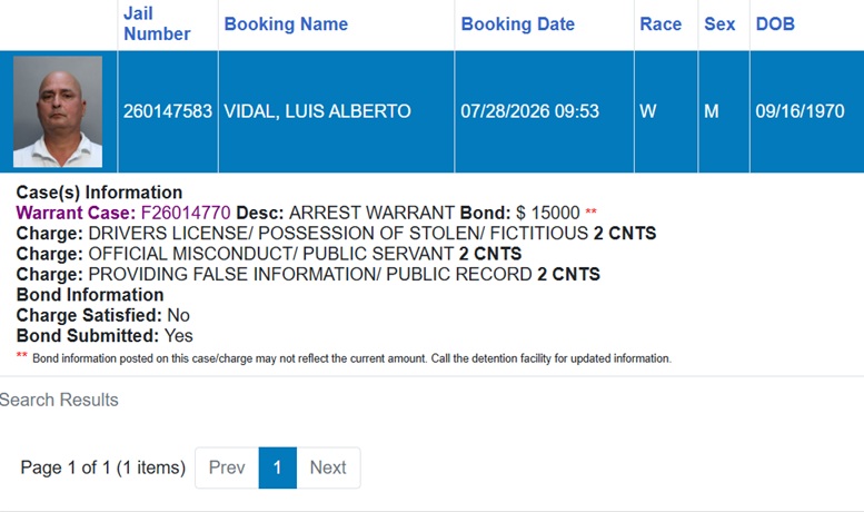 Ficha de arresto de Luis Alberto Vidal en Miami-Dade
